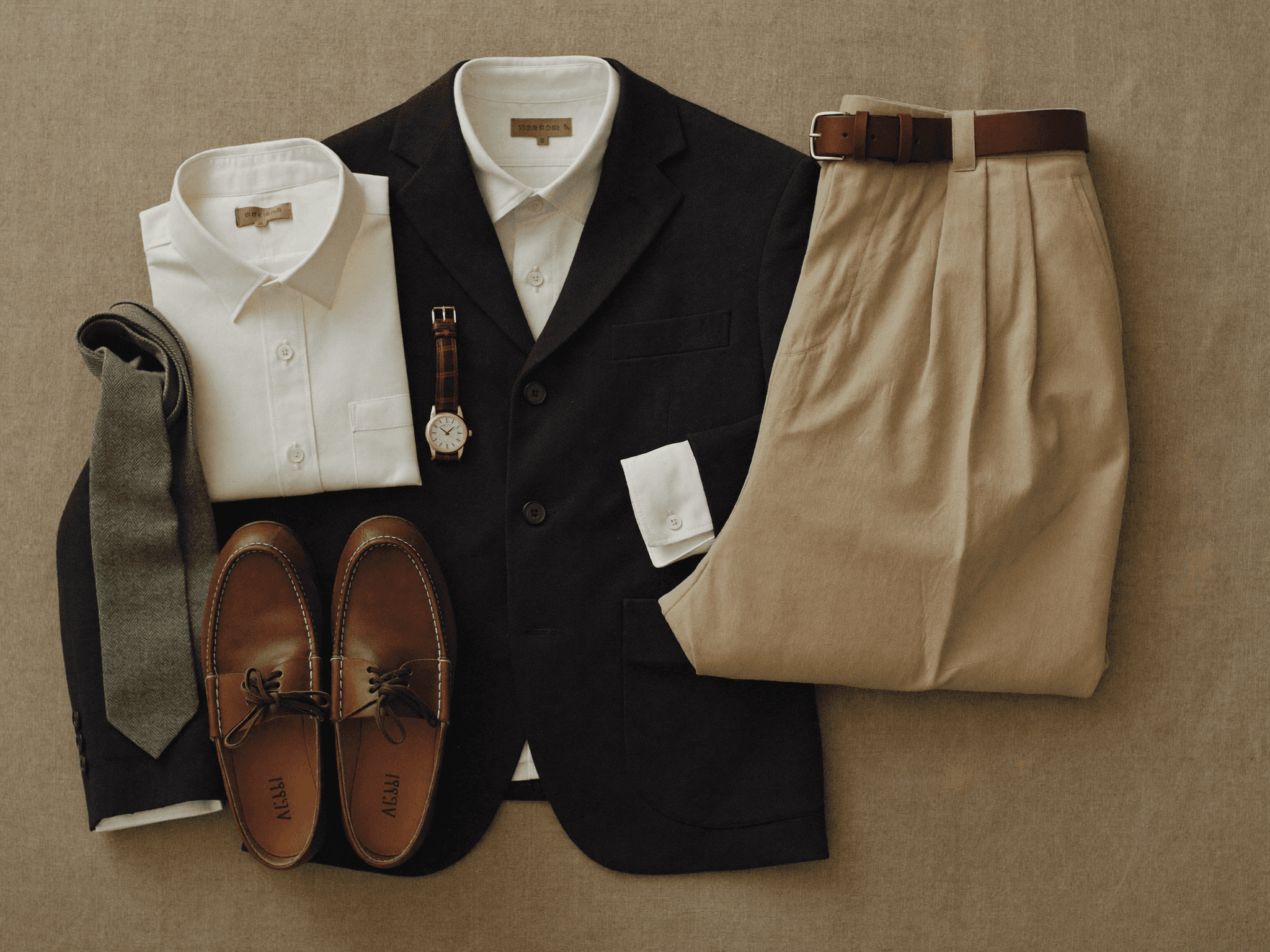 Flatlay einer Herbst-Capsule-Wardrobe mit Sakko, Hemd, Hose und Loafern