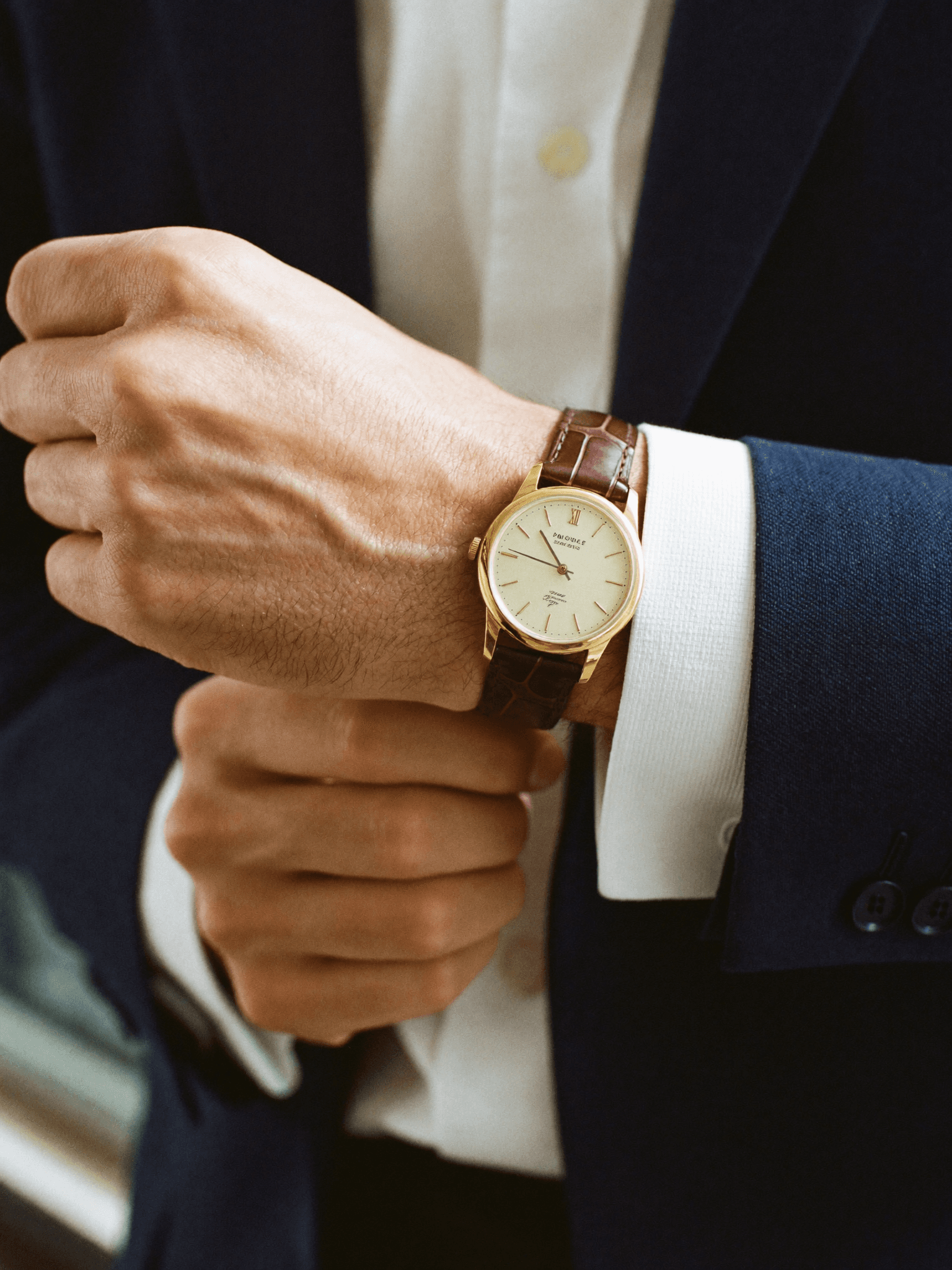 Marvin justiert die Manschette, goldene Uhr sichtbar
